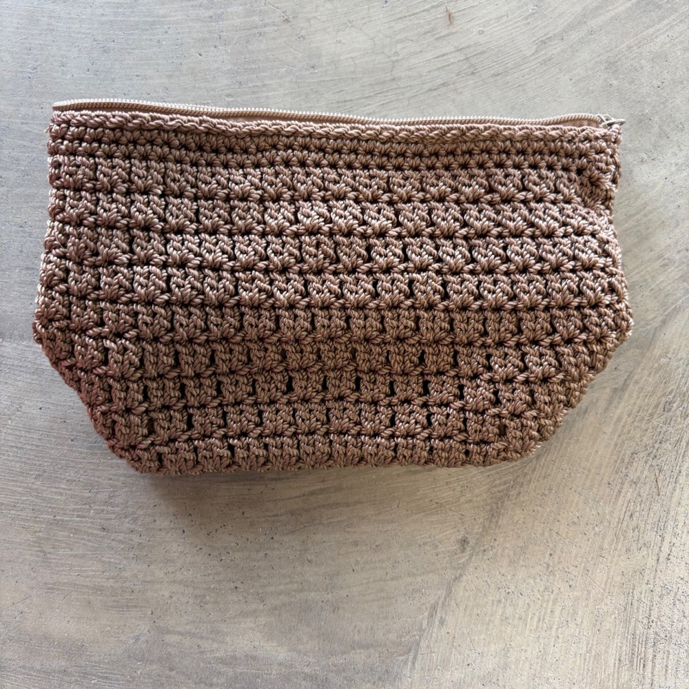 The Sak Crochet Cosmetic Bag Bronze Metallic Makeup Pouch Travel Organizer Zip